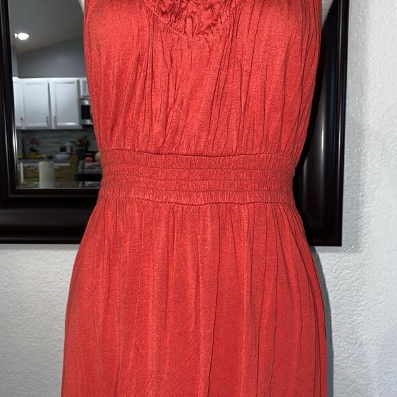 Calvin Klein Jeans Women's Orange Ruched Dress V-Neck Sleeveless Size Small - Picture 8 of 13